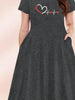 Women's Four Seasons Love at First Sight Heartbeat Printed Casual Loose Black Short Sleeved Large Short Skirt Dress