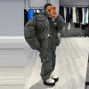 Women's Stripe Cotton Padded Coat Pant Set Loose Full Sleeve Hooded Zipper Jacket Elastic Waist Pants Winter Suits