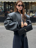 Double Zip Rib Collar Women Cropped Jacket Long Sleeve Side Pockets Loose Oversized Solid Autumn Coats Daily Chic Jackets