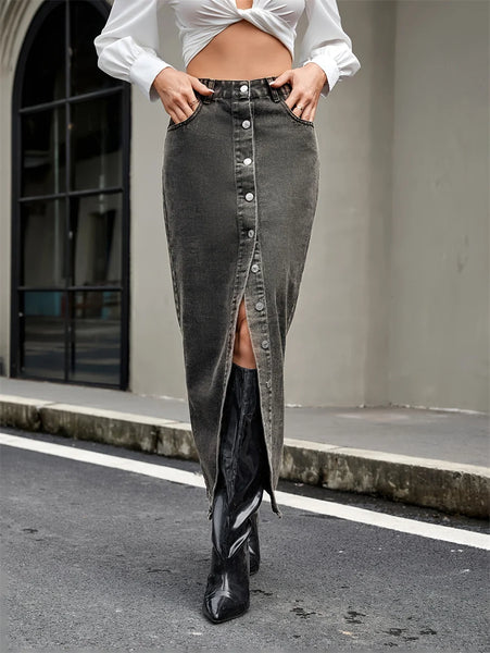 American Streetwear Button Front Denim Skirt Women's Autumn Retro High Waist Straight Jean Long Skirts