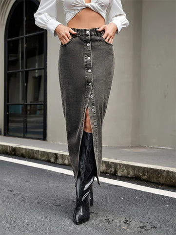 American Streetwear Button Front Denim Skirt Women's Autumn Retro High Waist Straight Jean Long Skirts
