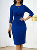 Womens Elegant Round Neck 2/3 Sleeve Work Office Knee Length Solid Business Casual Party Ruched Pencil Bodycon Sheath Dress