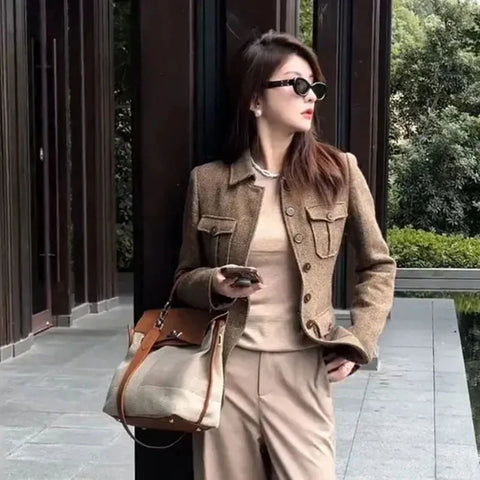 Ladies Woolen Coat Autumn Winter High-Quality Casual Temperament Short Coats Women's Slim Wool Coat Solid Color Lady Outerwear
