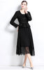 Elegant Women U Collar Long Sleeve Pleated Midi Dress Runway Spring Tweed Patchwork Chiffon Lace Trims Belt Party Vestidos