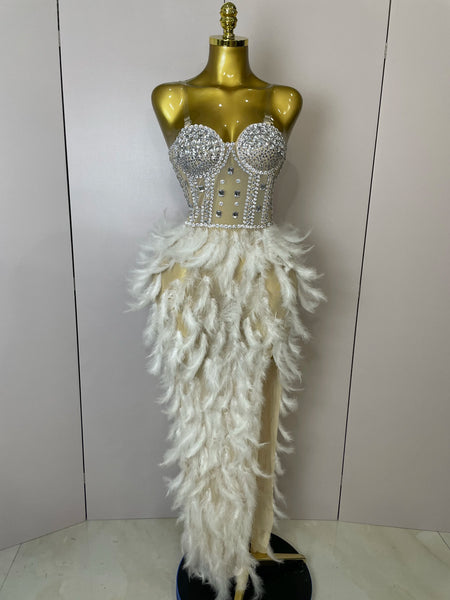 Stock Women Sexy Sparkly Rhinestone Mesh Feather Long Dress Elegant Evening Party Celebrate Birthday Performance Costume