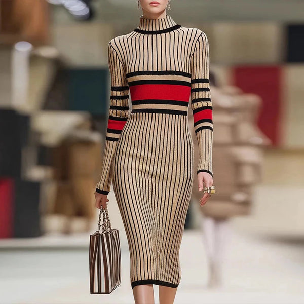 Krisstargirl Skinny Contrast Color Woman Bodycon Dress Autumn Winter Striped High Neck Midi Knitting Elegant Ladies Dresses