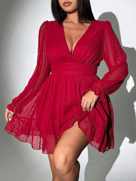Sexy V-Neck Short Dress Plus Size Solid Polka Dot Long-Sleeve American Slim A-Line Skirt Elegant Party Women's Evening Dress