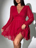 Sexy V-Neck Short Dress Plus Size Solid Polka Dot Long-Sleeve American Slim A-Line Skirt Elegant Party Women's Evening Dress