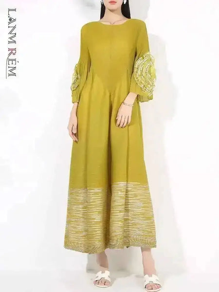 Women's Dress With Flower Ruffles Sleeves Round Neck Loose Big Size Long Dresses 2DB1142