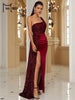 Wine Sequin Evening Dress Elegant Women One Shoulder Draped Split Wedding Party Prom Dresses Bridesmaid Wine Long Gown