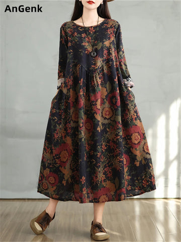 Cotton Vintage Print Floral Dresses Women Casual Loose Long Sleeve Dress Femme Robe Vestidos Elegant Spring Autumn Clothing