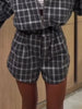 Women Casual Plaid Shorts Set Lapel Long-sleeved Zipper Jacket Short Pants Suit Lady Spring Daily Loose Outfits