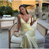 Solid Color Satin Bustier Women Maxi Dress Yellow Spaghetti Strap V Neck Waist-cinching Dresses Party Vestidos