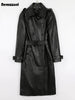 Spring Autumn Long Black Soft Faux Leather Trench Coat for Women Belt Double Breasted Elegant Overcoat 5xl 6xl