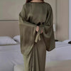 Elegant Women Tie-up Waisted Satin Dress Casual Female O-Neck Draped Long Dress Vintage Solid Color Bat Sleeve Robe Party Dress