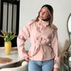 Women's Pink Belted Jacket Stand Collar Double Breasted Long Sleeve Slim Trench Coat Casual High Street Jackets