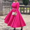 Dresses for Woman O Neck Full Sleeve Belt Waisted High Waisted Pleated A Line Ankle Length Elegant Female Birthday Gowns