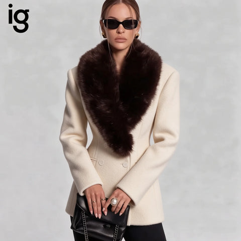IG Women Wide Shawl Collar Double Breasted Tailored Waist Mid-Length Blazer Coat, Long Sleeve Elegant Winter Commuter Outerwear