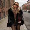 Black Fur Collar Leather Jacket Women Chic Solid Full Sleeves Waist Cinching V-neck Short Coat Lady High Street Outerwear