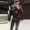 Leather Women's Pants Sets Chic Laple Single Breasted Long Sleeve Jackets Elastic Waist Straight Pants Suit Lady Outfits
