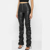1PC Brown Faux PU Leather Pleated High Waist Stacked Pants Women Slim Hipster Street Style Long Trousers Female 2#