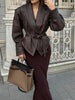 Woman Vintage Brown Lace Up Pu Leather Jacket Slim Fit Lapel Collar Long Sleeved Short Coats Fall Lady Chic Outfits