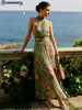 Elegant Printed Ruffle Maxi Dress Women Chic High Neck Puff Short Sleeve Waist-cinching Bodycon Dresses Lady Vacation Robes
