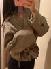 Beige Checkered Cropped Trench Coat Women Stand Collar With Waist Belt Loose Oversized Autumn Daily Wear Outer Jacket