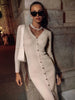 Elegant Evening Dress Women V Neck Long Sleeve Patchwork Button Slit Sweater Dresses Autumn Winter Knit Maxi Dress