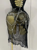 Sexy Black See-Through Pin Decoration Chain Beading Short Dress Women Birthday Evening Party Nightclub Performance Costume
