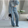 Denim Rhinestone Jacket Jeans Suits Women Single Breasted Lapel Short Coat Straight Pants Female Sets Autumn Street Casual