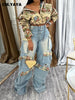 Washed Denim Women's Set Full Sleeve Floral Jacket and Pockets Cargo Jeans Pants Suit Street Two 2 Piece Set Outfit
