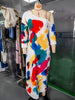 Abstract Brush Print One Shoulder Maxi Dress 3/4 Sleeve Loose Fit Casual Kaftan with Pockets, Bohemian Art Print Dress for Women