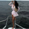 Women's Pink Floral Print Puff Sleeve Dress With Waistband Deep V-neck Chic Satin Ruffled Hem Mini Dress Elegant Sexy Robes