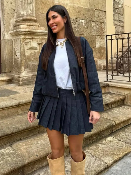 Women Denim Jacket Skirts Sets O Neck Long Sleeve Zipper Coat High Waist Slim Mini Skirt Casual Female Streetwear