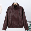 Stand Collar Leather Bomber Jacket For Women Spring Autumn Pockets Motorcycle Jacket Street Y2K Lady Bike Outerwear