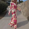 Rose Printed Satin Dress Womens Elegant High Waist Boho Maxi Dress Sexy One Shoulder Long Sleeve Women Party Dresses