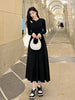 Long Sleeve O-neck A-line Dress Streetwear Vestidos Lady Korean Style Hollow Out Black Long Dresses Women