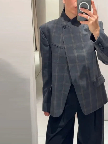 Women's Plaid Blazer Asymmetric Button Stand Collar Long Sleeve Pocket Detail Slim Fit Elegant Casual Office Outerwear