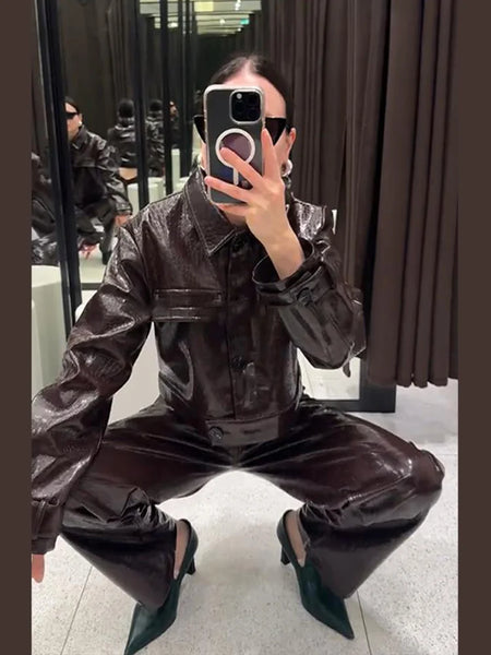 Leather Women's Pants Sets Chic Laple Single Breasted Long Sleeve Jackets Elastic Waist Straight Pants Suit Lady Outfits