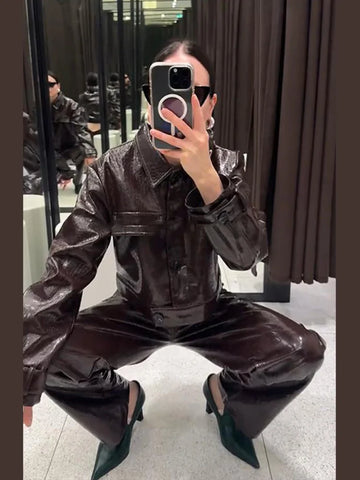 Leather Women's Pants Sets Chic Laple Single Breasted Long Sleeve Jackets Elastic Waist Straight Pants Suit Lady Outfits