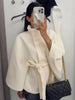Lace Up High Neck Jackets For Women Belt Faux Wool Blends Cape Coats Autumn Winter Warm Elegant Cloak Coat Ladies
