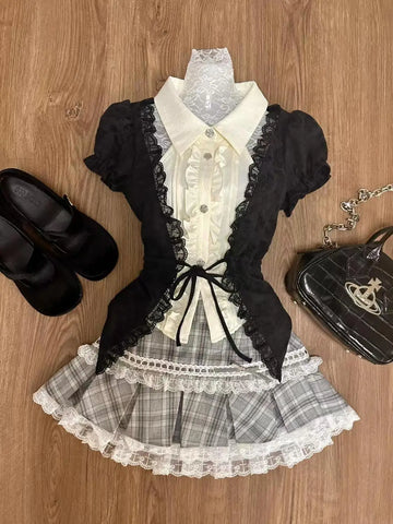 Slim Lace 2-Piece Set Y2k Plaid Sweet Goth Womens Dresses Vintage Punk Harajuku Korea Lolita Preppy 90s Ball Gown Basics Gothic