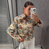Women Cropped Floral Print Jacket Stand Collar Long Sleeve Button Front Pockets Vintage Loose Short Coat Autumn Chic Blazer