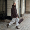Women Dark Brown Faux Fur Coat Stand Neck Zipper Loose Solid Pullover Spring Chic Lady Casual High Street Outwear
