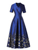 Elegant Brocade Jacquard Women Long Maxi Dress Blue Floral Ladis Party Fall Autumn Winter Clothing