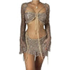 Women Sexy Dancing Dress Set Women's Beaded Knitted Sweater Three Piece Set Looking