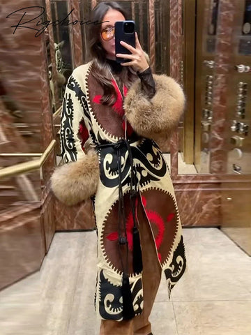Vintage Ethnic Geometric Print Coat Women Belted Waist Faux Fur Cuff Patchwork Open Front Maxi Robe Autumn Winter Chic Cardigan