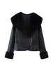 Black Fur Collar Leather Jacket Women Chic Solid Full Sleeves Waist Cinching V-neck Short Coat Lady High Street Outerwear