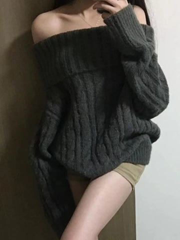 French Design Grey Off Shoulder Knitted Sweater Women Oversized Chic Solid Outerwear Y2k Tops Korean Clothes